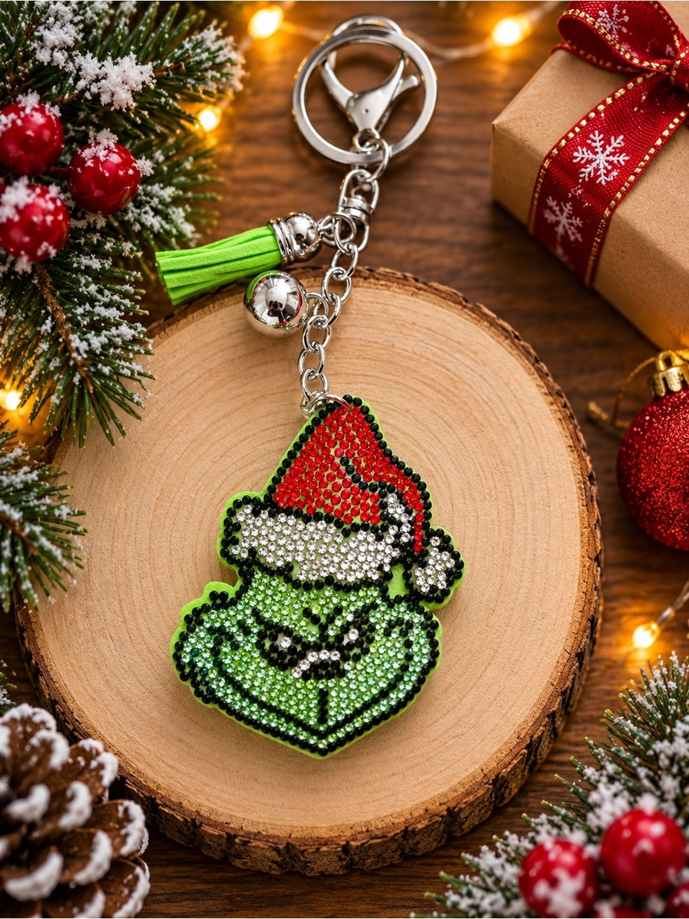 Festive Green Grinch Keychain with Red Santa Hat - Brand